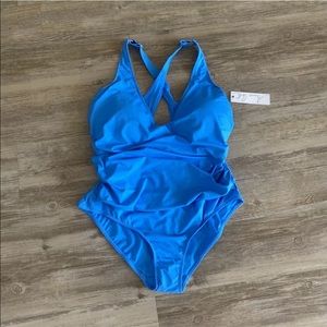 Anne Cole V Neck One Piece Swimsuit Women’s Plus Size 18 Blue Bathing Suit